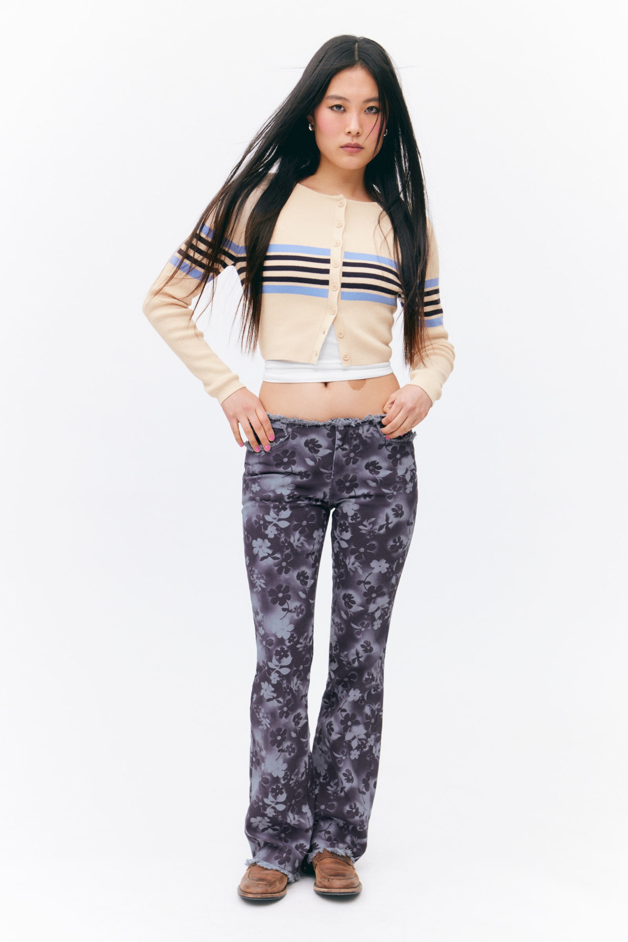 Blue Floral - Frayed Low Waist Twill Trousers - 0