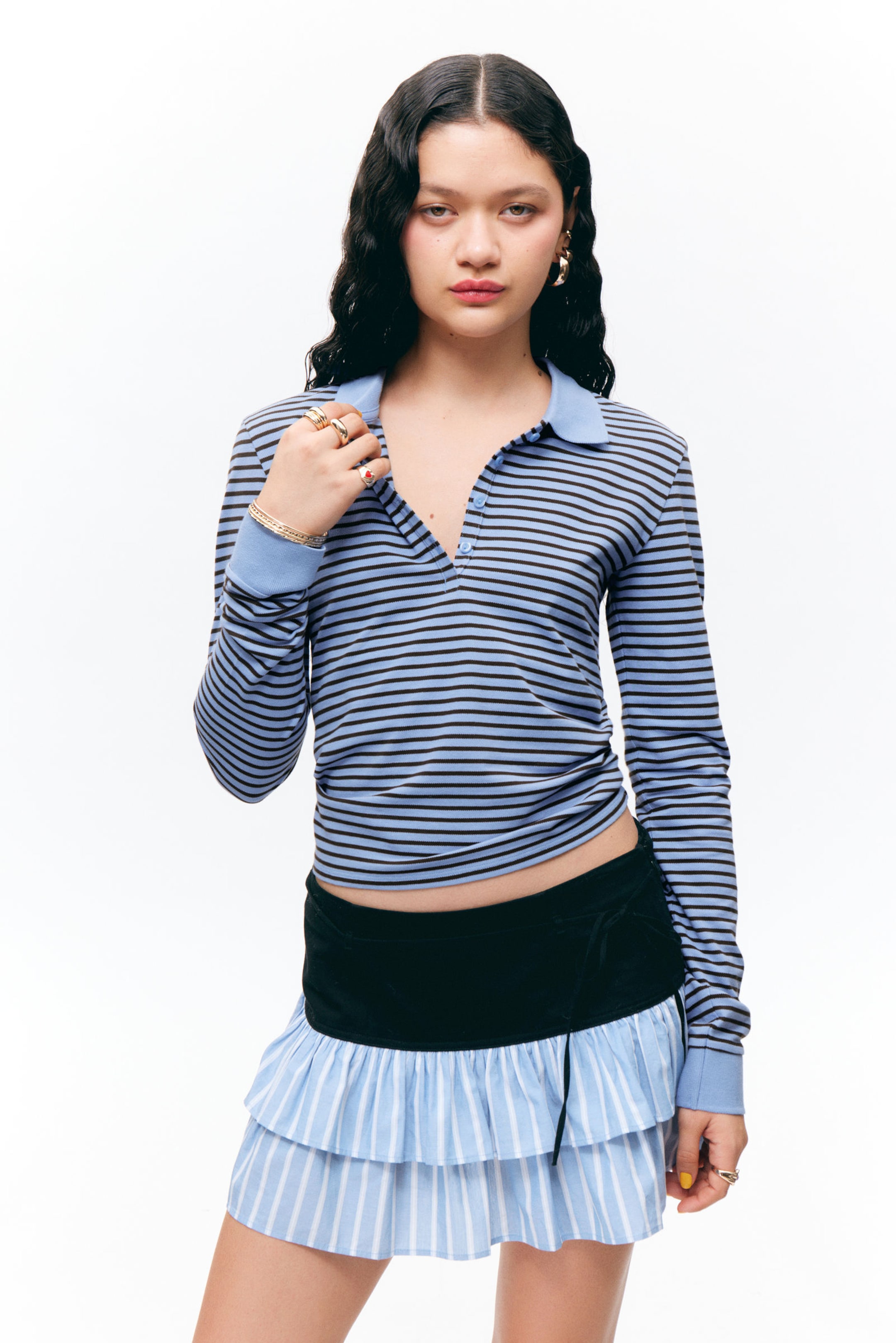 #7C91CB - Long-Sleeved Polo Top - 1