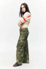 Khaki Green - Spray Flowers - Loose Fit Low Waist Twill Cargo Trousers - 2