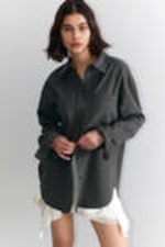 Pinstriped Dark Grey - Long-Sleeved Oversized Poplin Shirt - 1