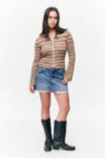 Brown Stripes - Flare-Sleeved Rib-Knitted Cardigan - 1