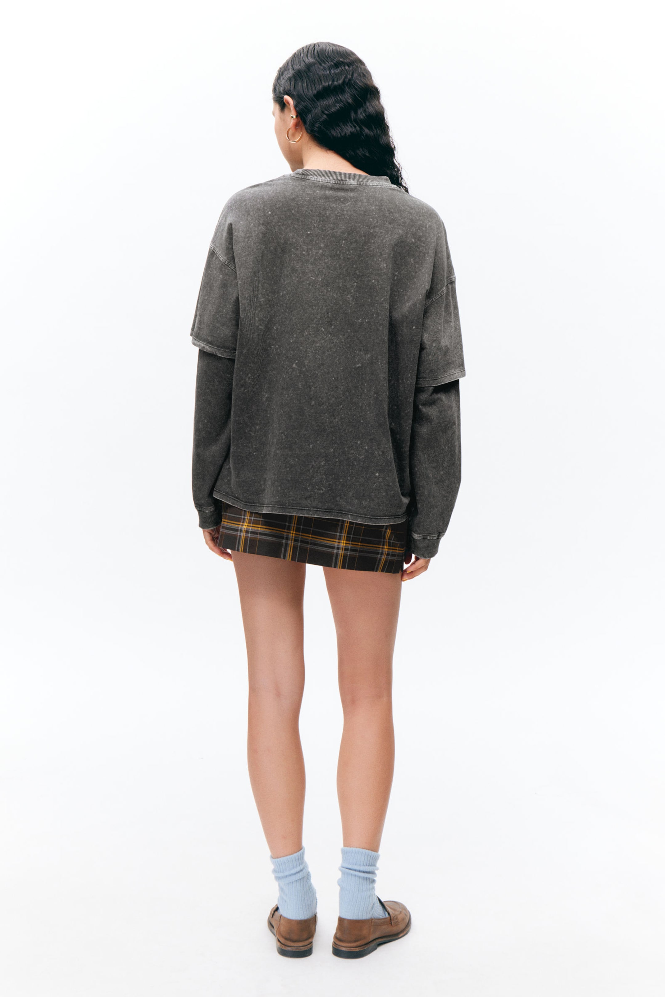 Washed Black - Long-Sleeved Double-Layered Oversized T-shirt - 2
