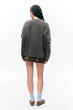 Washed Black - Long-Sleeved Double-Layered Oversized T-shirt - 2