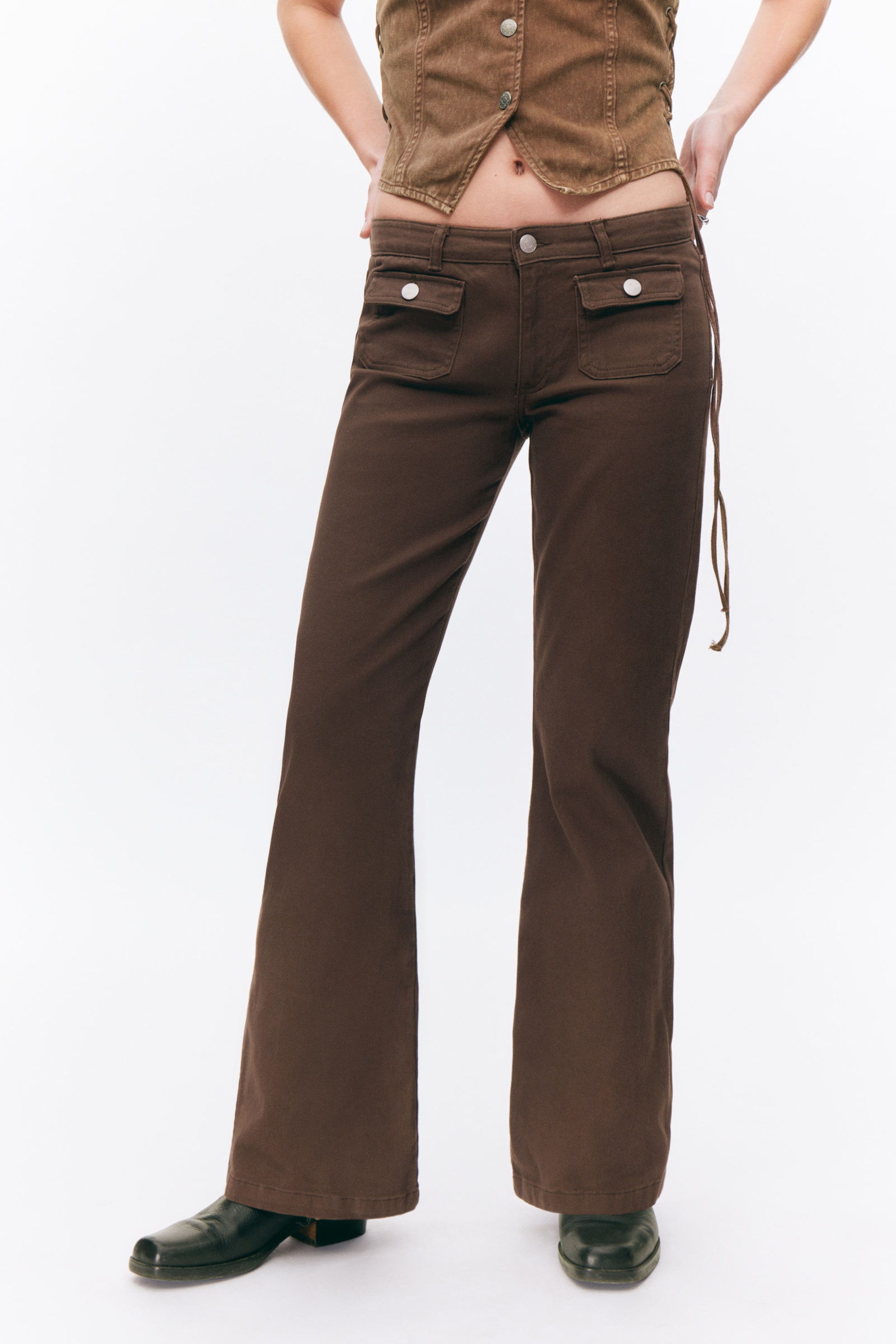 #443B33 - Low Waisted Bootcut Twill Trousers - 2