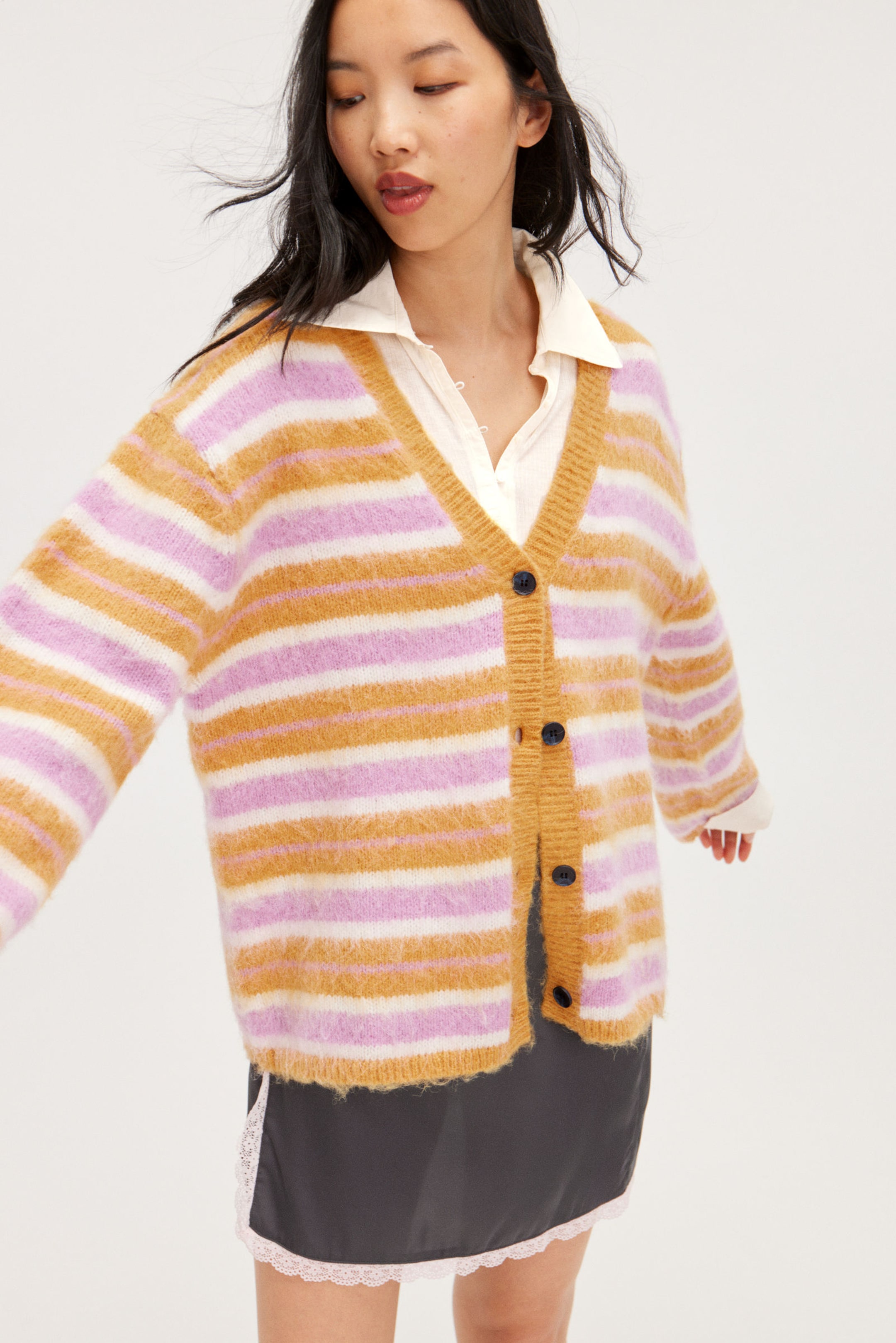 Dark Yellow Stripe - Fluffy knit cardigan - 0