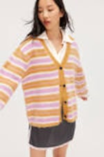 Dark Yellow Stripe - Fluffy knit cardigan - 0