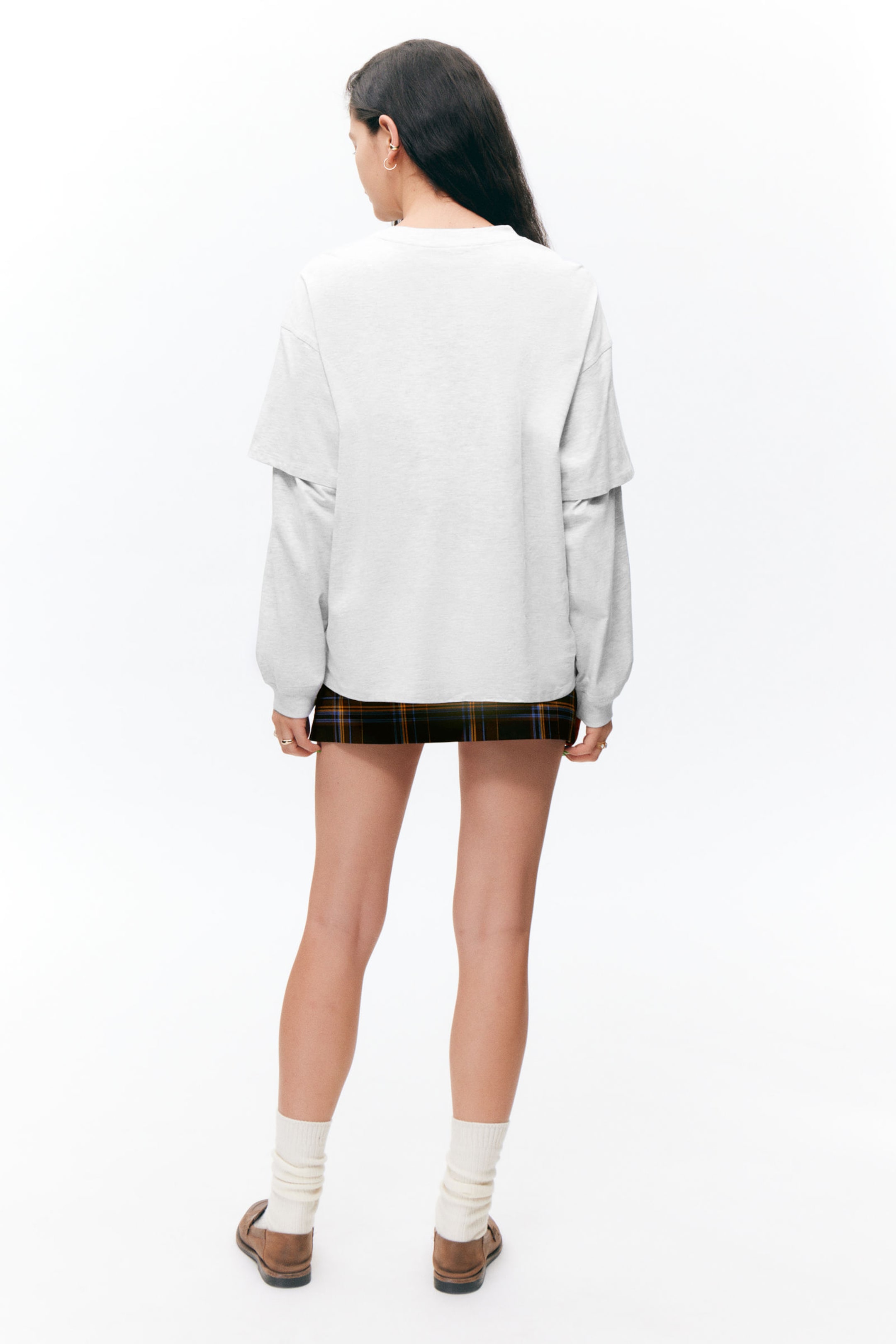 Grey Melange - Long-Sleeved Double-Layered Oversized T-shirt - 2
