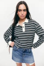 Black & White Stripes - Long Sleeve Rugby Polo Top - 0