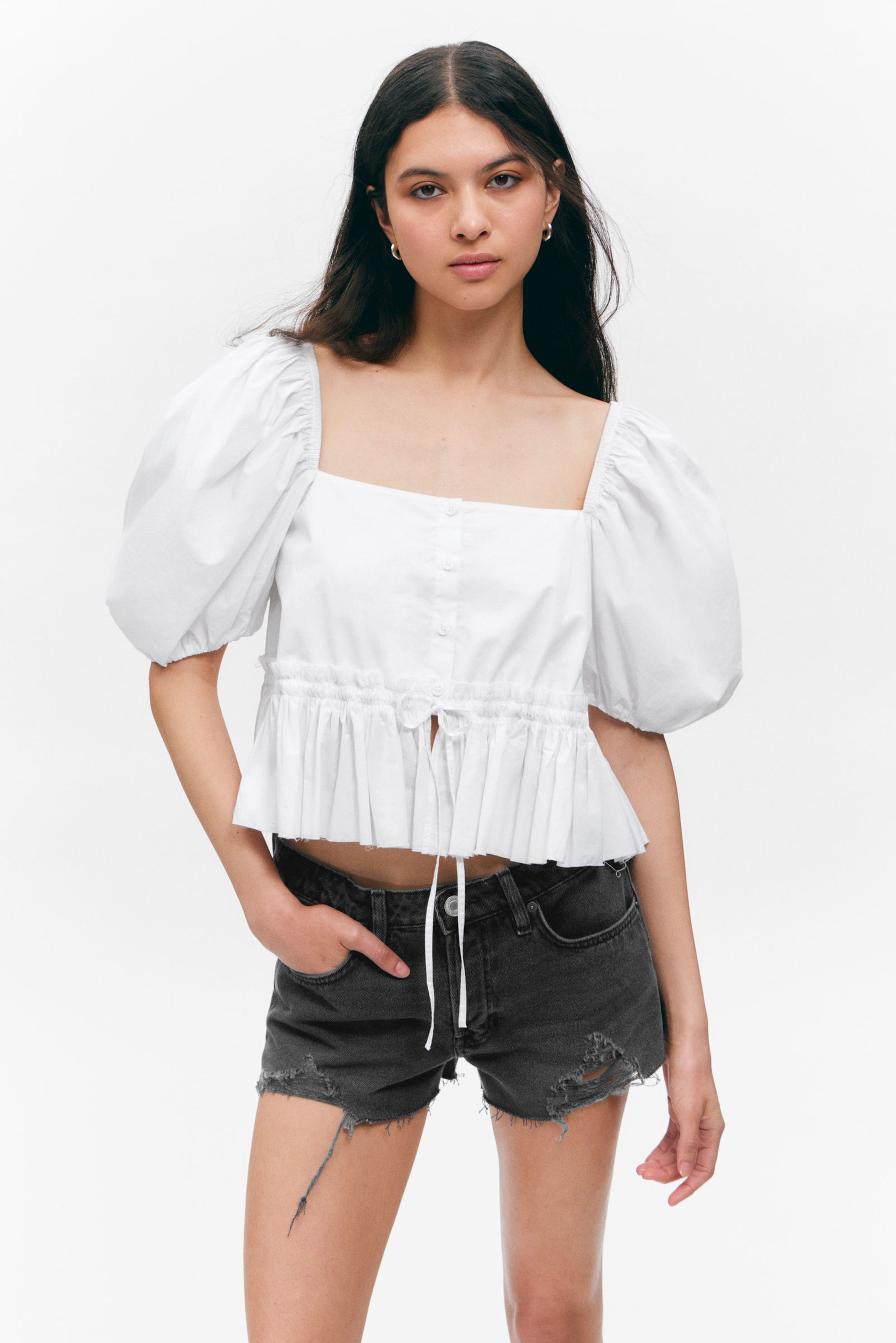 #FFFFFF - Peplum Cotton Poplin Blouse - 1
