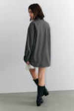 Pinstriped Dark Grey - Long-Sleeved Oversized Poplin Shirt - 2