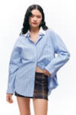 Striped Light Blue - Long-Sleeved Oversized Poplin Shirt - 1