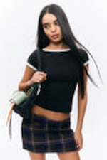 Black - White Binding - Short-Sleeved Cowl Neck Top - 0