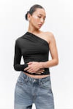 Black - Draped One-Shoulder Nylon Top - 1