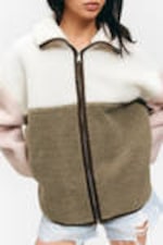 White/Khaki/Pink - Loose Fleece Zip Jacket - 1