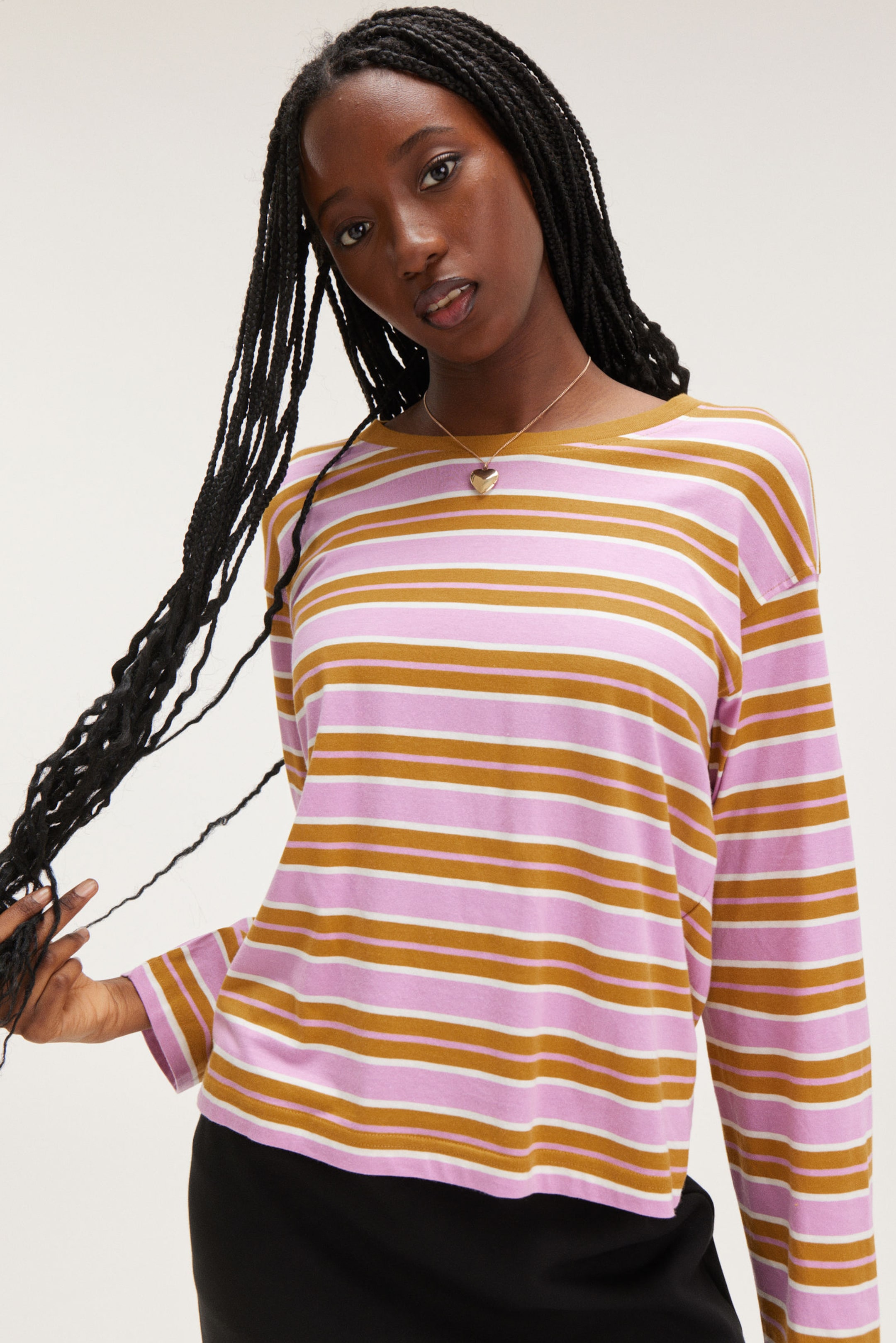 Mustard & Pink Stripe - Boxy Sleeve T-Shirt - 0