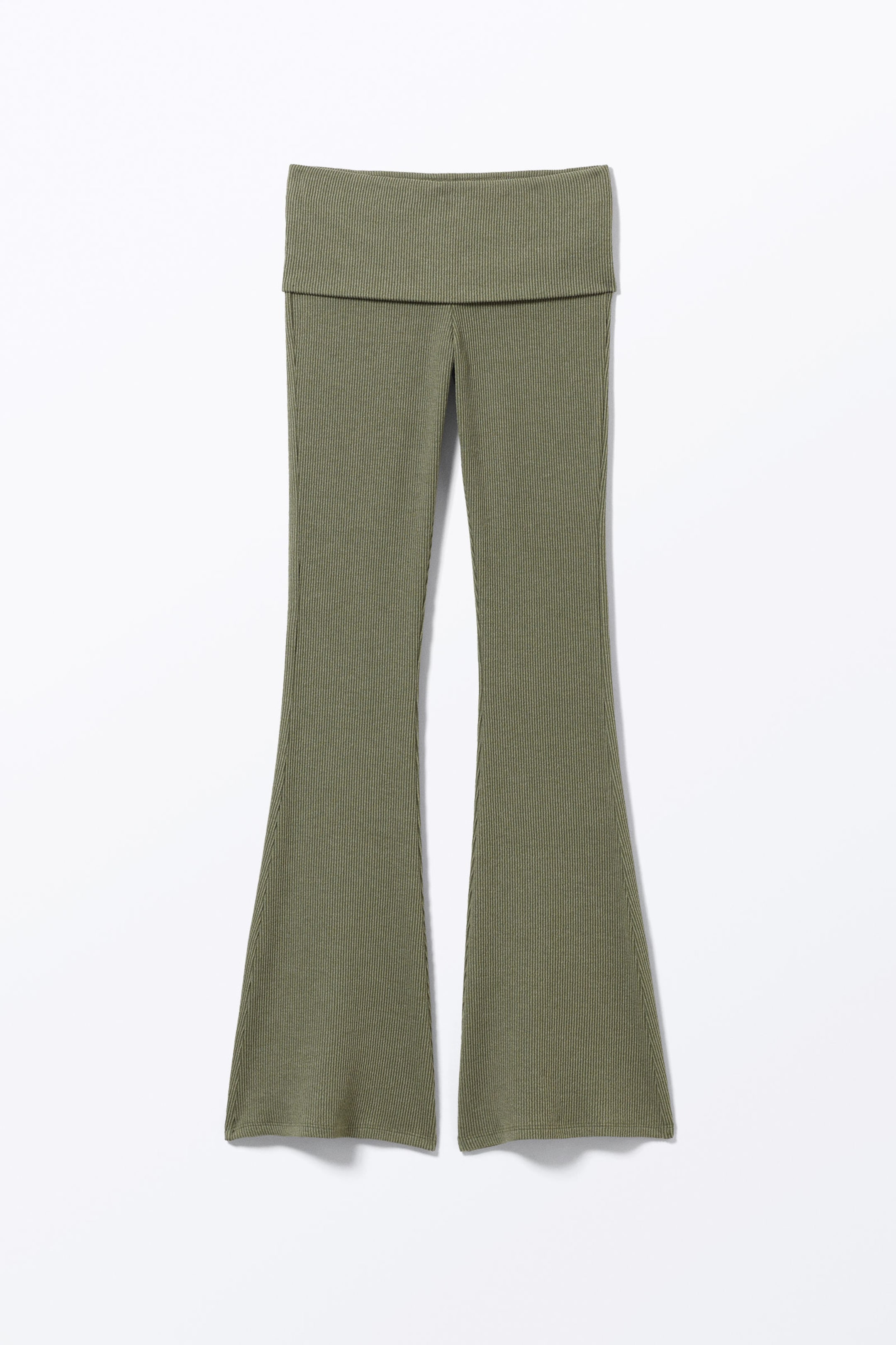 Dark Khaki Green - Low Waist Flared Ribbed Trousers - 3