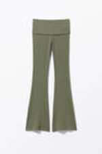 Dark Khaki Green - Low Waist Flared Ribbed Trousers - 3