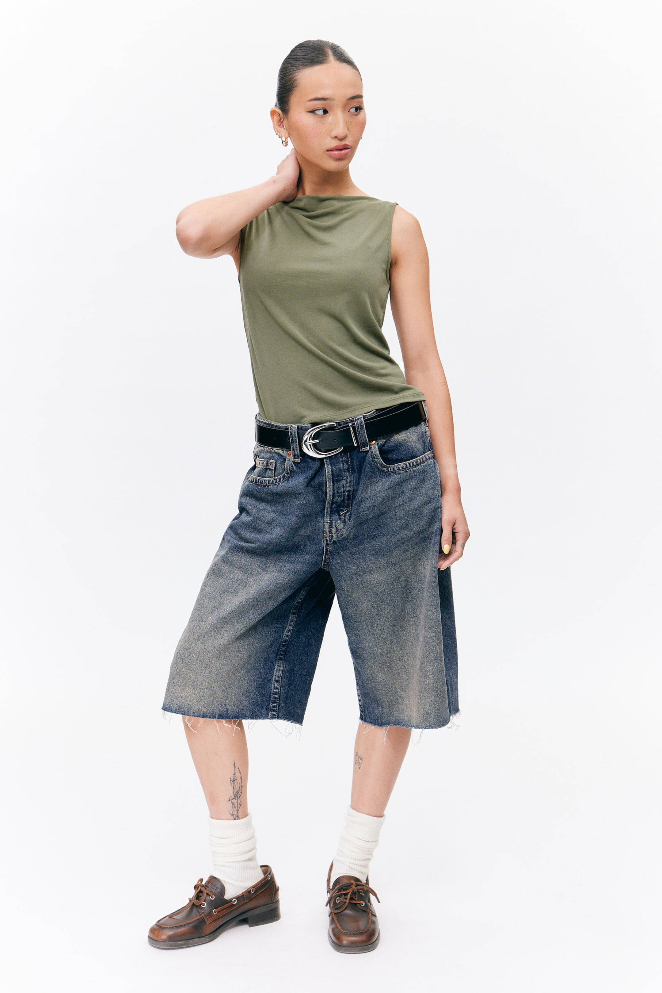 Khaki Green - Super soft sleeveless boatneck top - 0