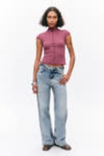 Striped Pink - Fitted Cap-Sleeved Mock-Turtleneck T-shirt - 1