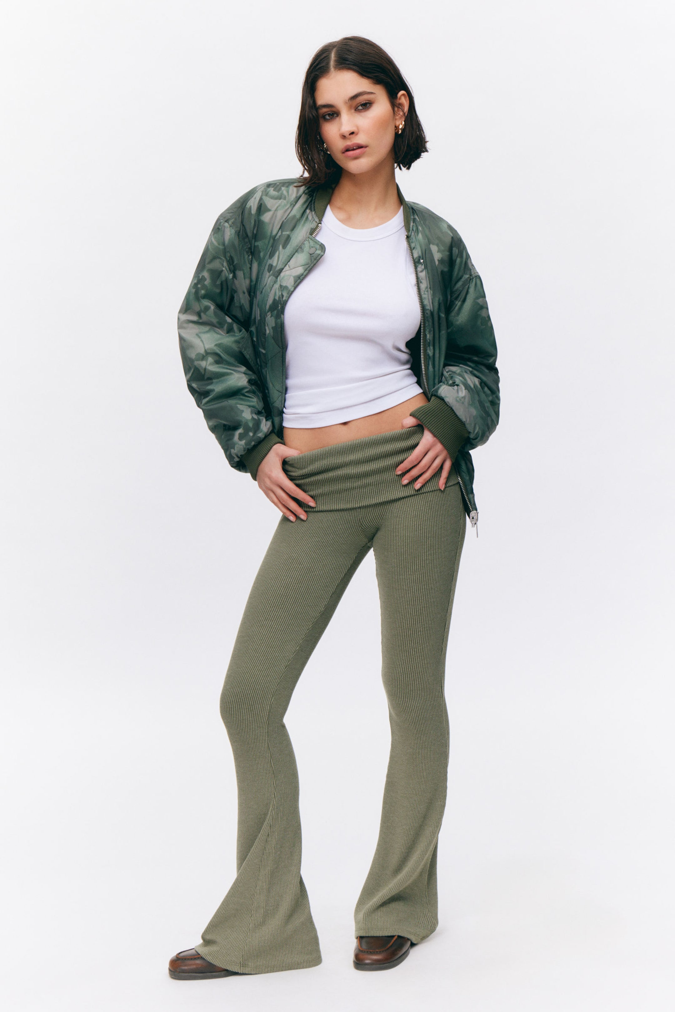 Dark Khaki Green - Low Waist Flared Ribbed Trousers - 0