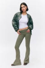 Dark Khaki Green - Low Waist Flared Ribbed Trousers - 0