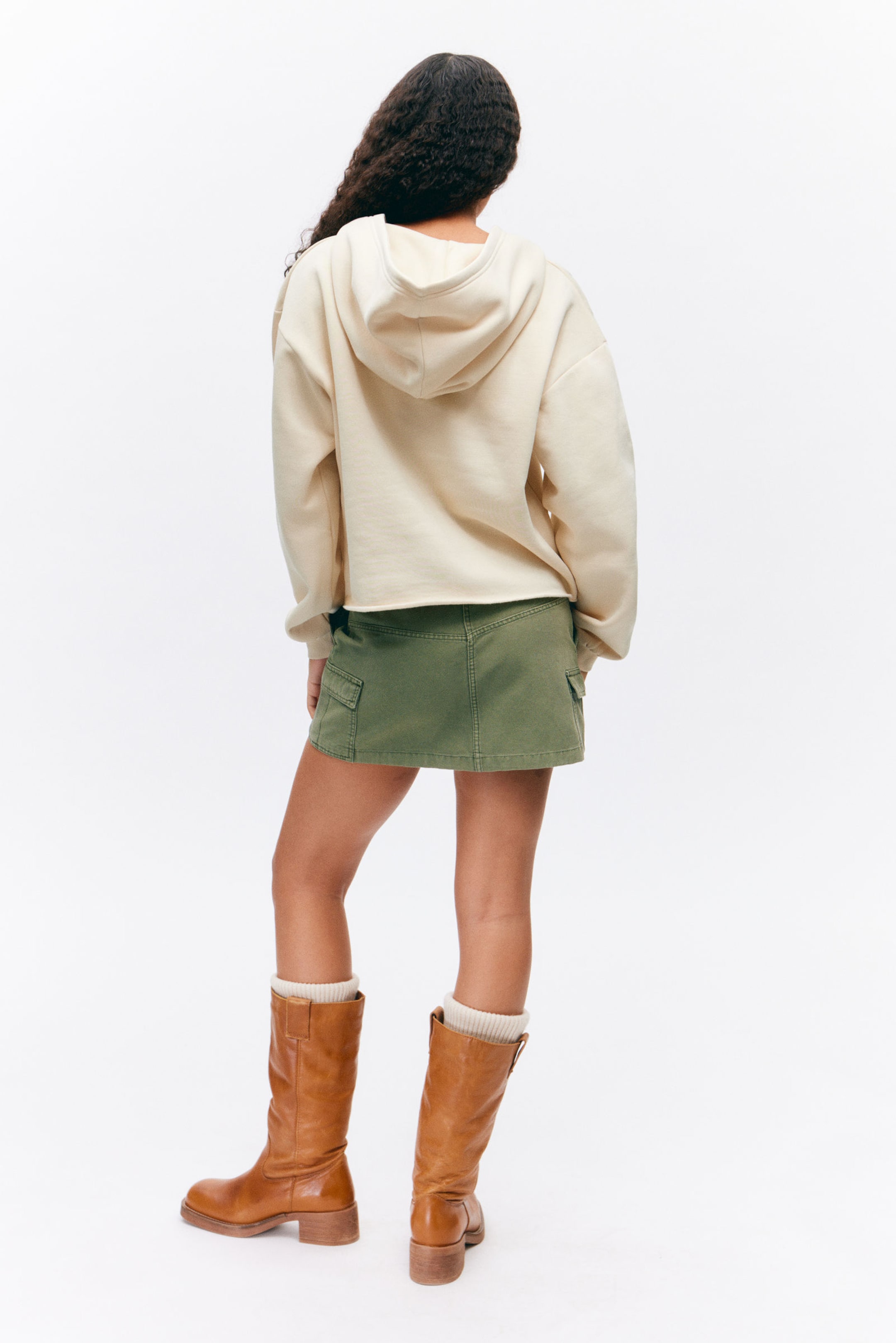 Light Beige - Cropped Lace-up Hoodie - 2