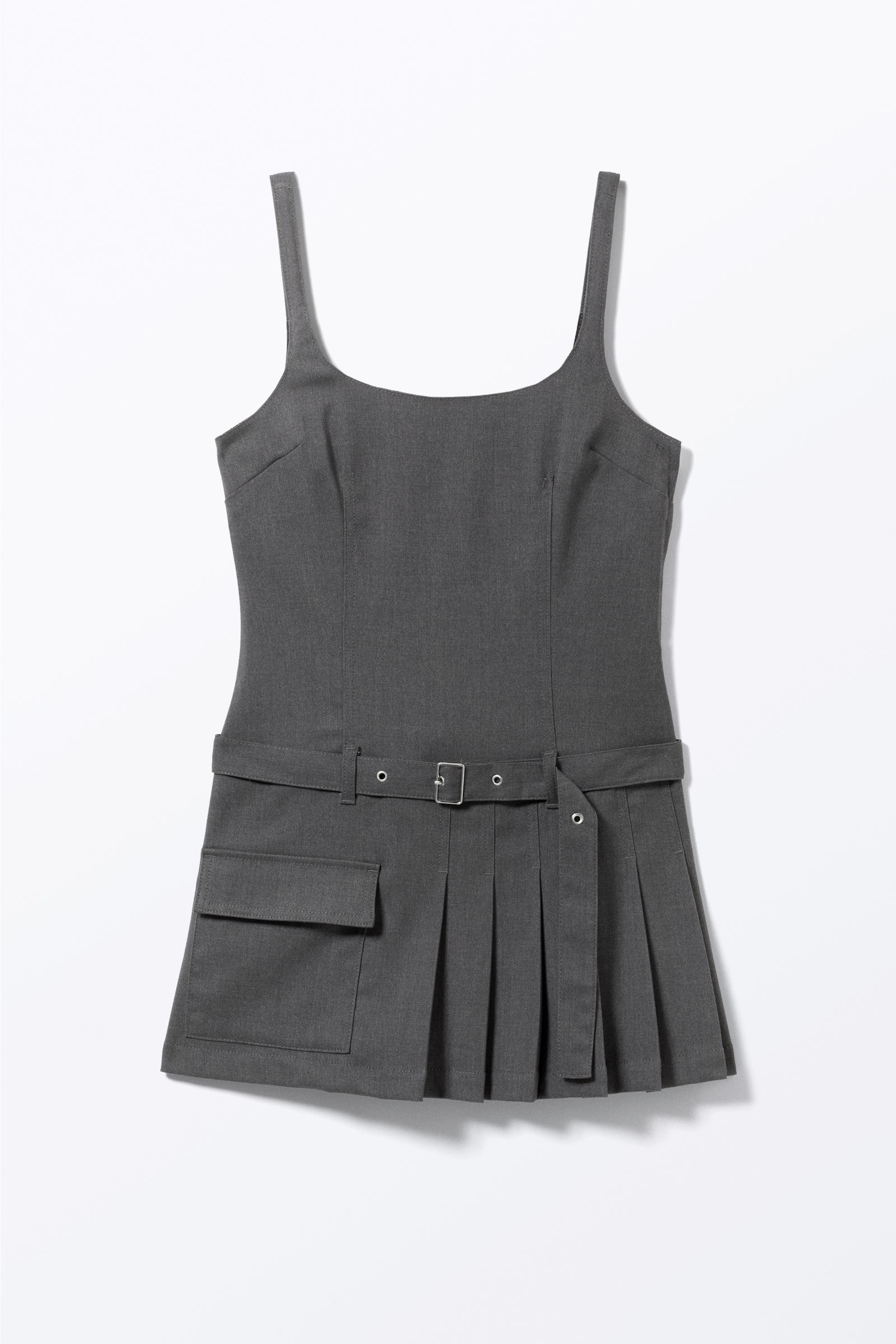 Dark Grey - Belted Pleated Mini Dress - 4