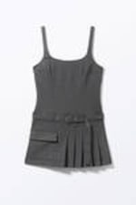 Dark Grey - Belted Pleated Mini Dress - 4