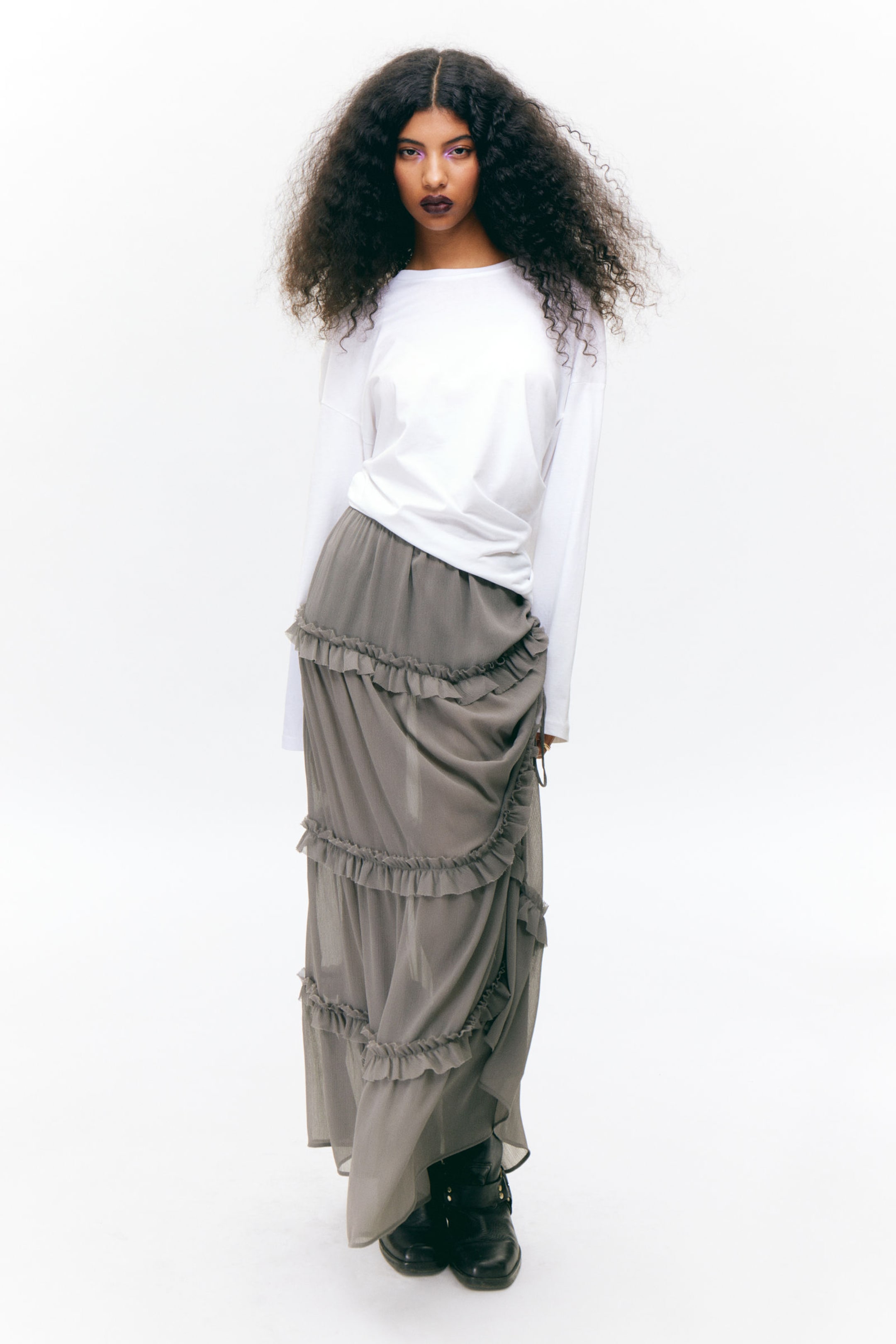 Dusty Grey - Tiered Frilled Maxi Skirt - 1