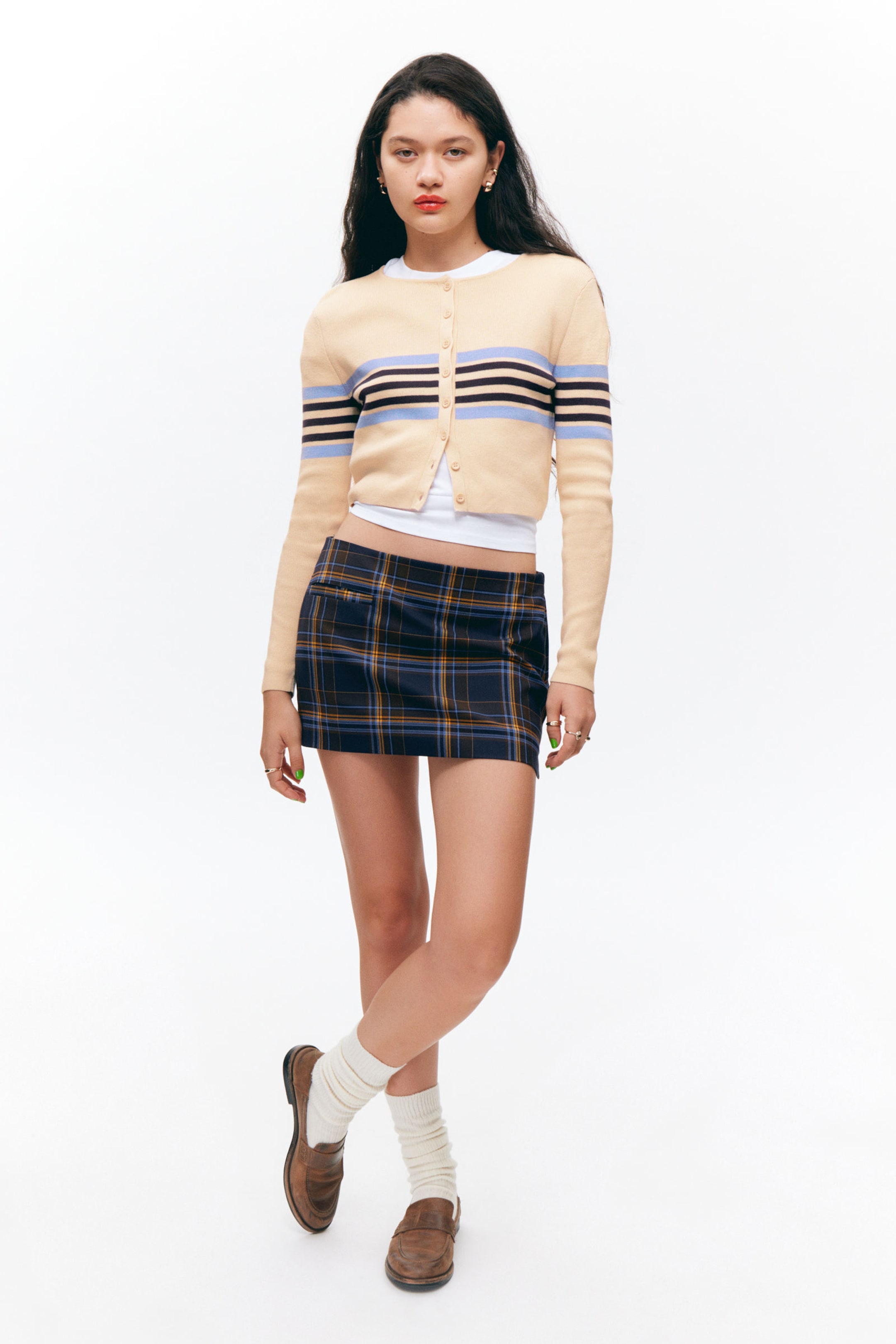 Dark Blue Check - Low Waisted Mini Suiting Skirt - 0