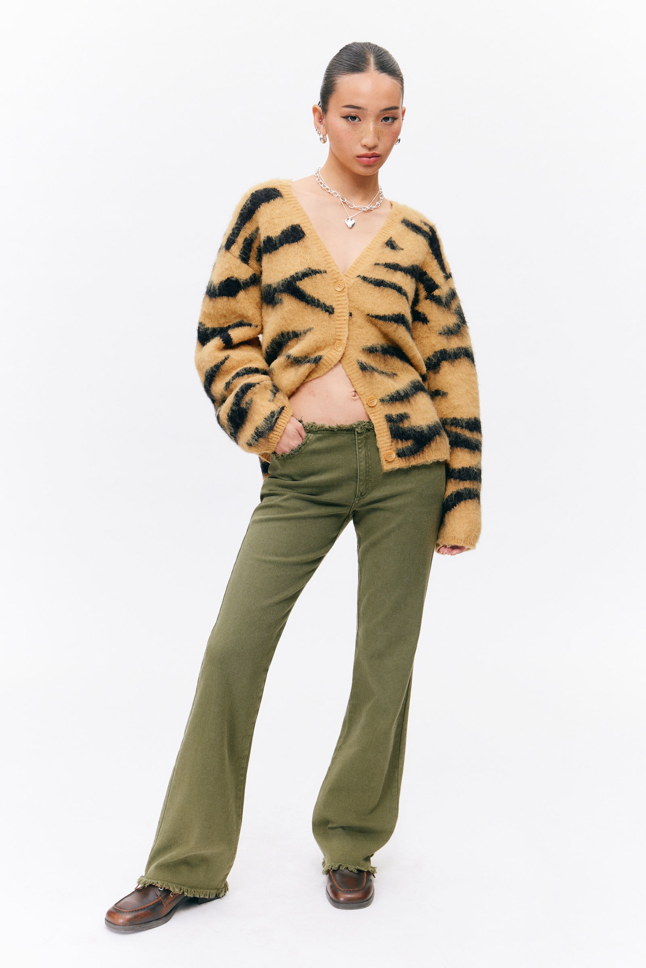 Dark Khaki Green - Frayed Low Waist Twill Trousers - 0
