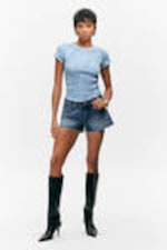 Blue - Distressed Denim Print - Contrast Stitch Fitted T-Shirt - 1