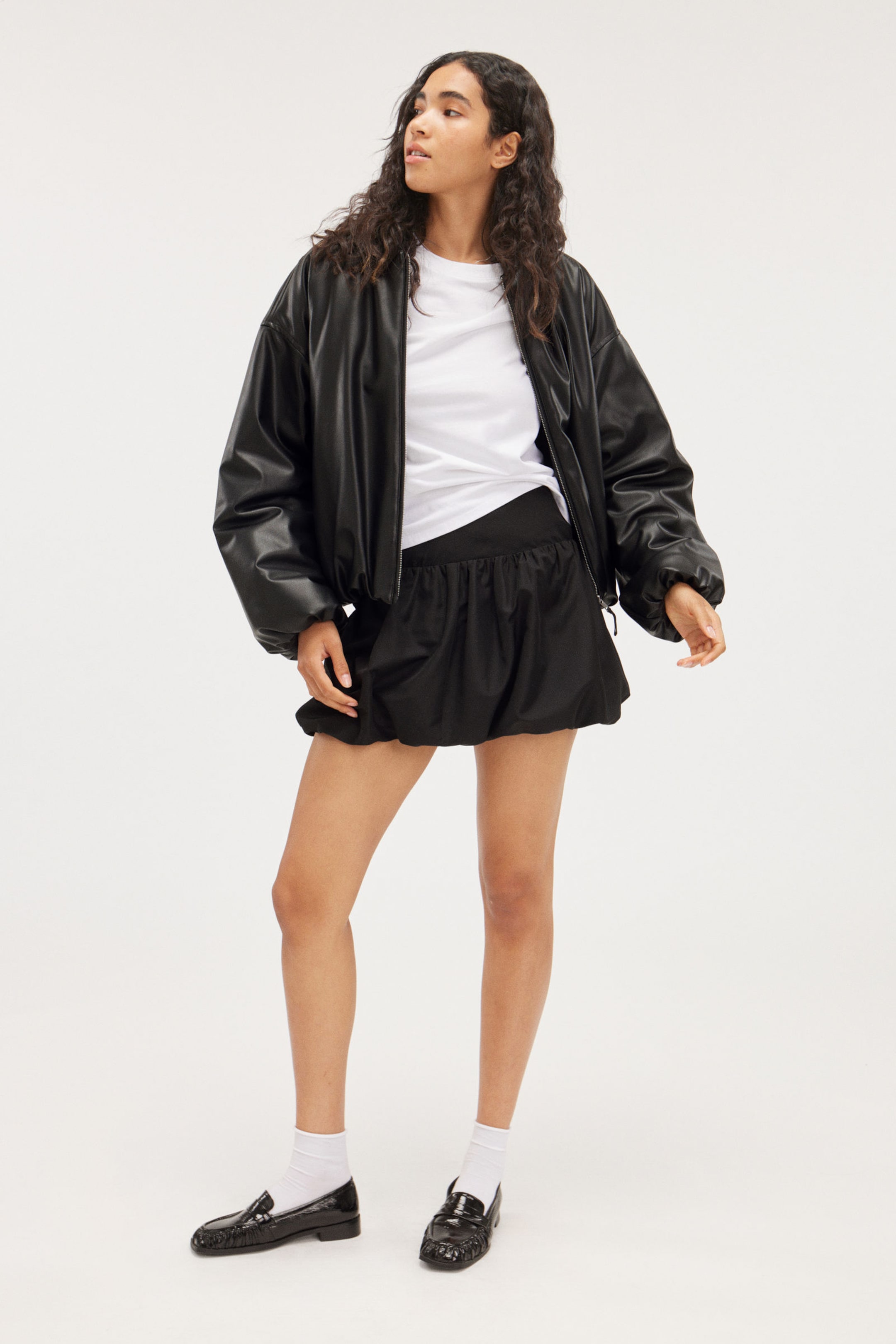 Black - Faux Leather Bomber Jacket - 2