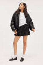 Black - Faux Leather Bomber Jacket - 2