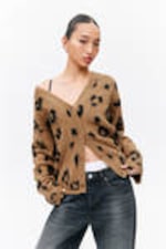 Brown - Leopard - Fluffy knit cardigan - 1