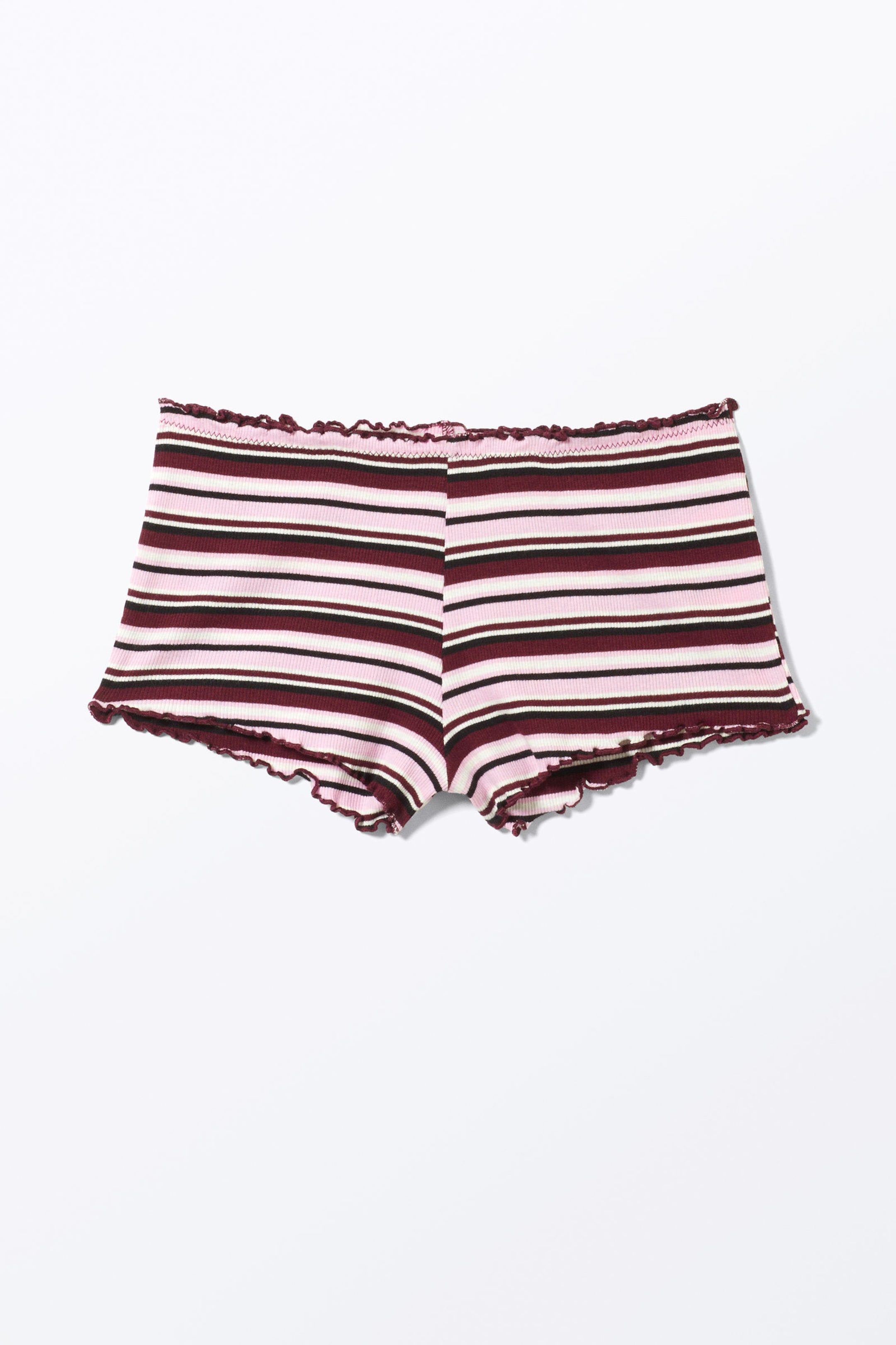 Dark Red & Pink Stripe - Ribbed Frilled Mini Shorts - 3