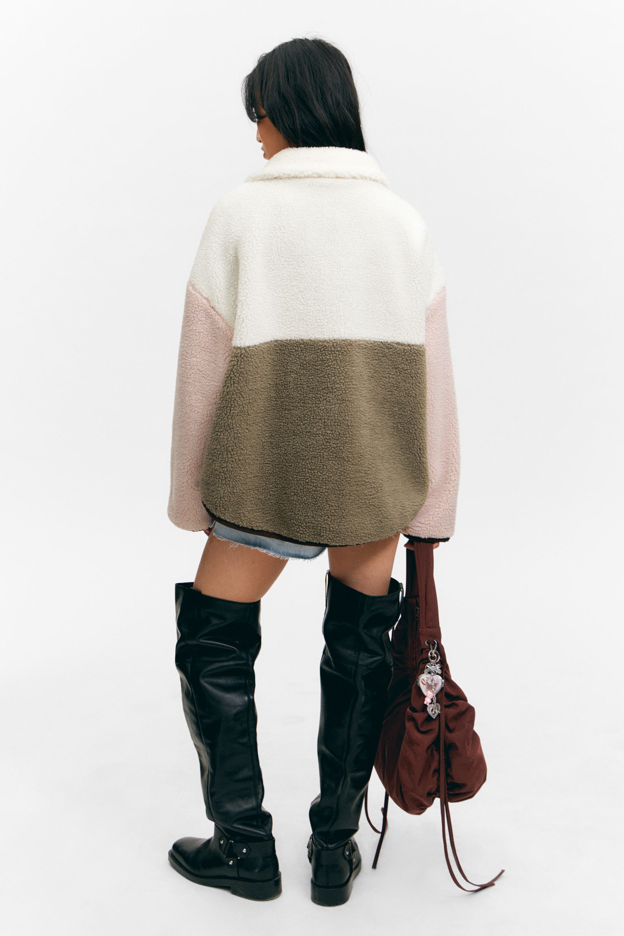 White/Khaki/Pink - Loose Fleece Zip Jacket - 3