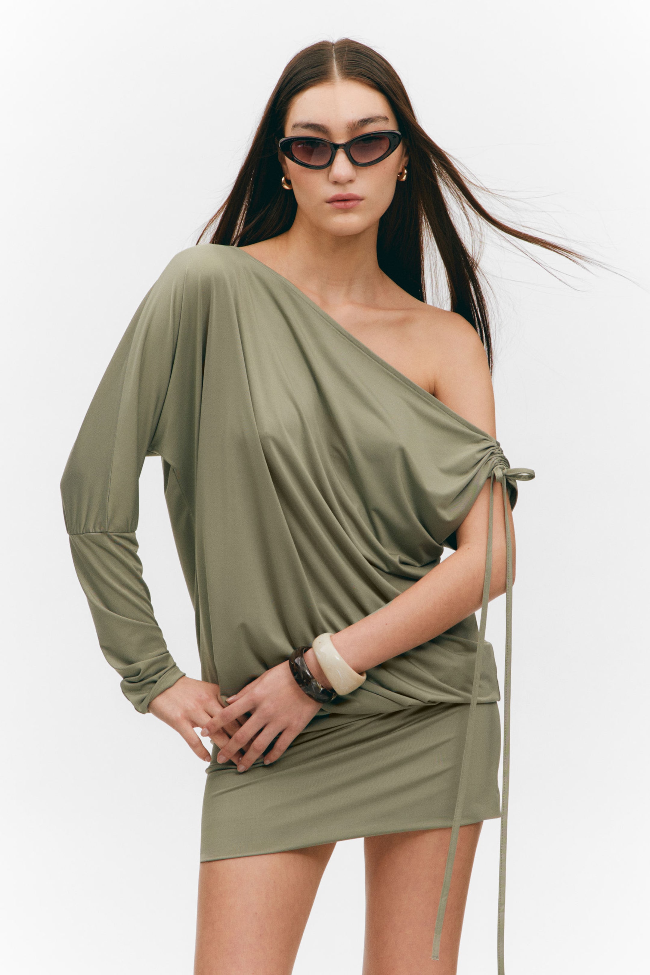 #8D8C81 - Draped Jersey One-Sleeved Dress - 2