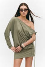 Khaki Green - Draped Jersey One-Sleeved Dress - 1