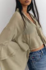 Khaki Green - Flared Frill-Sleeved Tie-Neck Blouse - 2