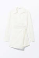 White - Long-Sleeved Mini Wrap Shirt Dress - 3