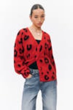Red - Leopard - Fluffy knit cardigan - 0