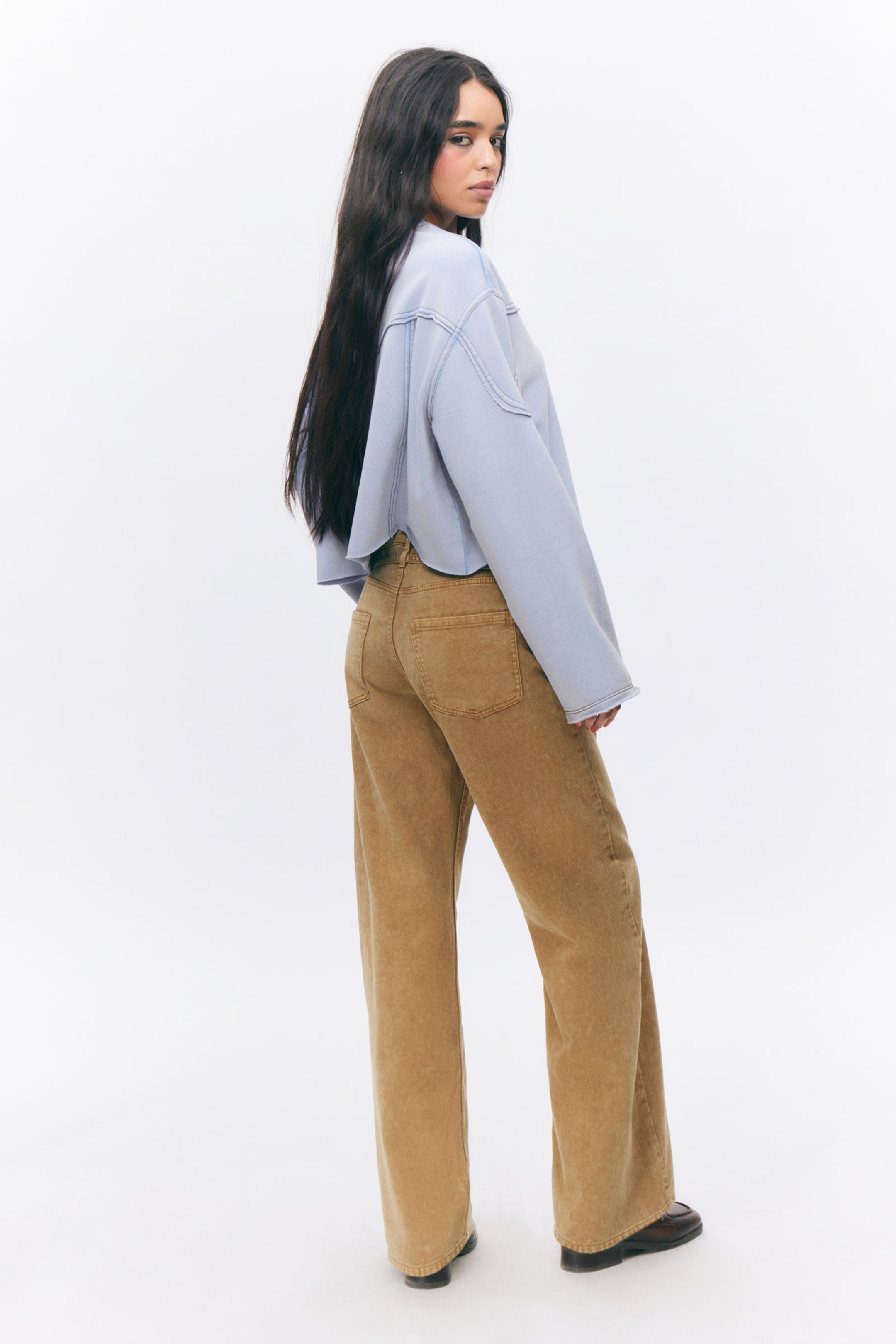 Washed Brown/Biege - Low Waisted Relaxed Twill Trousers - 2