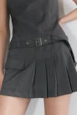 Dark Grey - Belted Pleated Mini Dress - 1