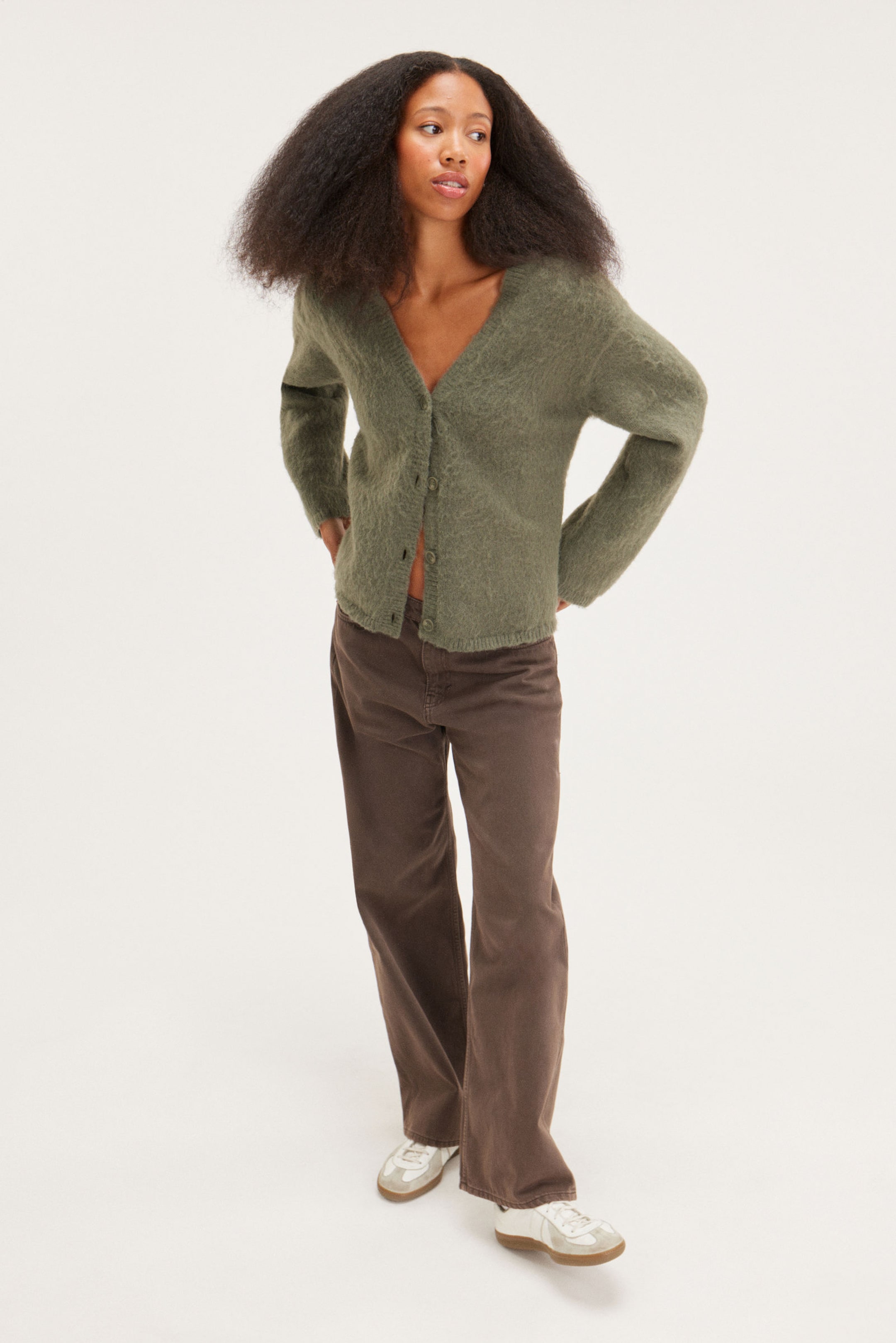 Dark Khaki Green - Fluffy knit cardigan - 1