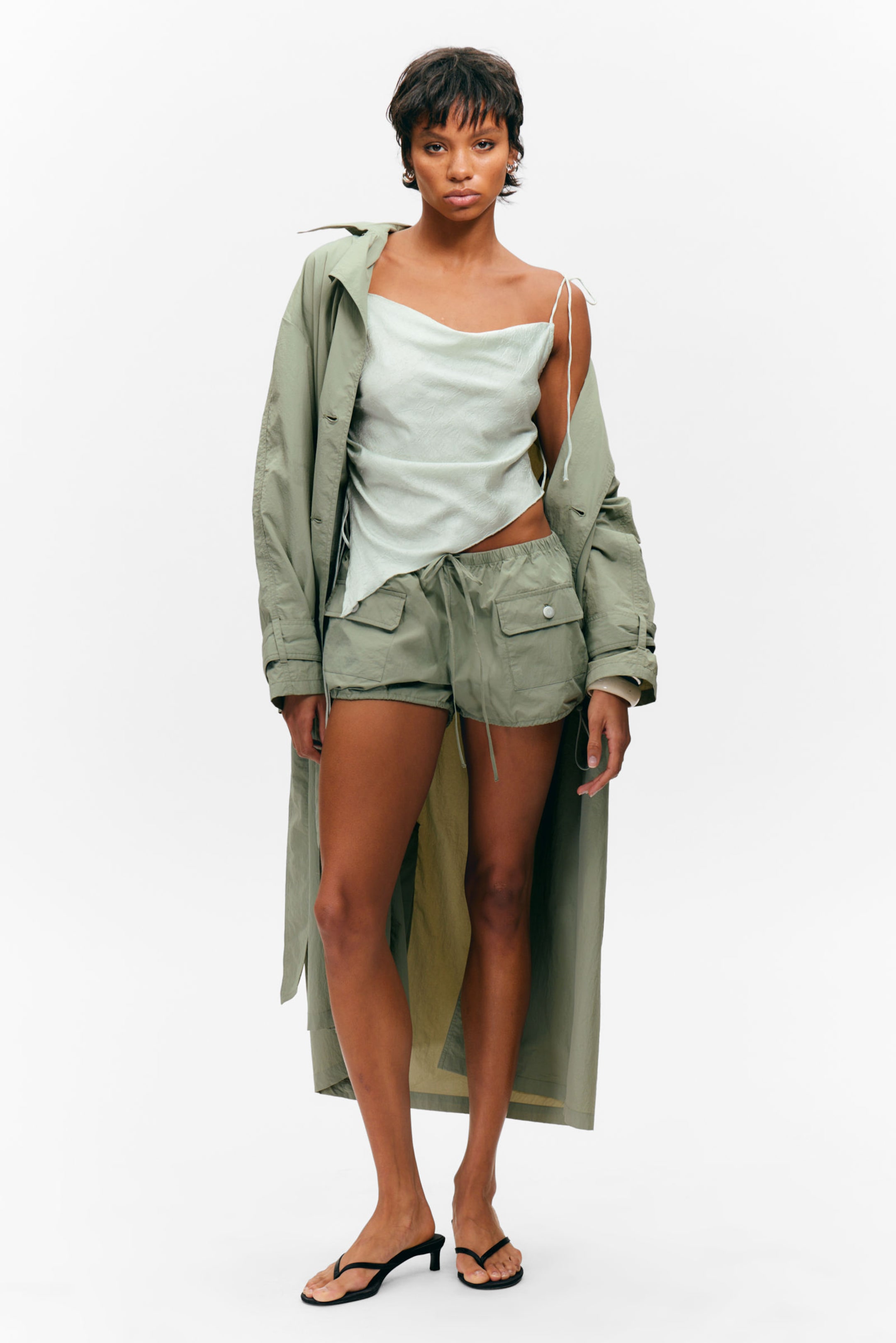 #8D8C81 - Drawstring Mini Cargo Shorts - 1
