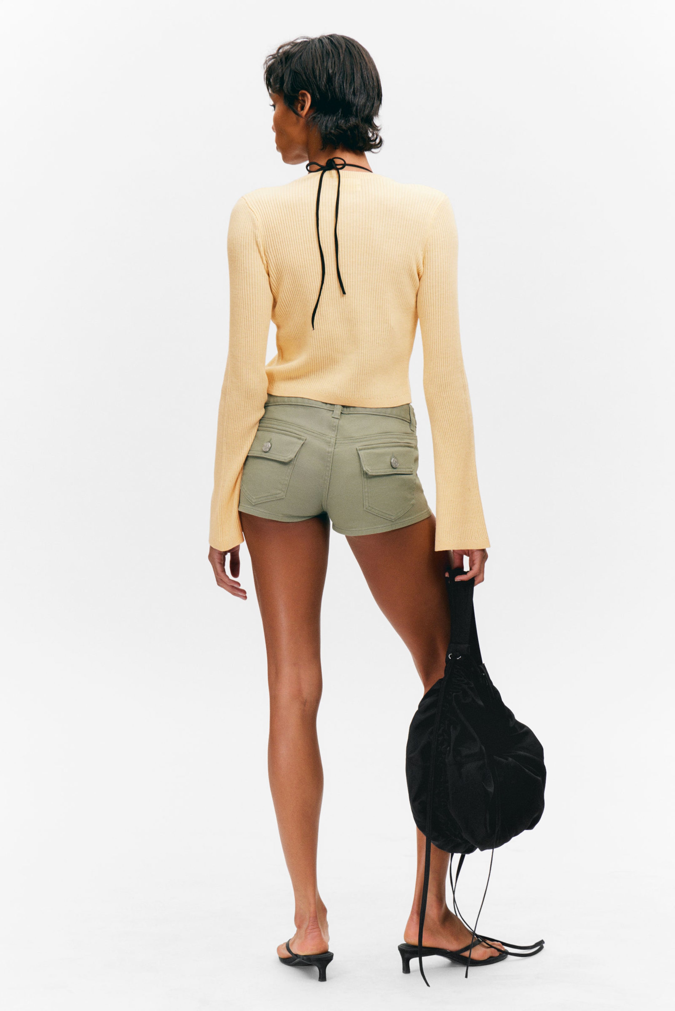 Light Yellow - Ribbed Tie-Front Cardigan - 2