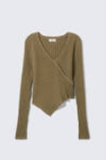 Dark Khaki Green - Knitted Wrap-shaped Asymmetric V-neck Sweater - 4