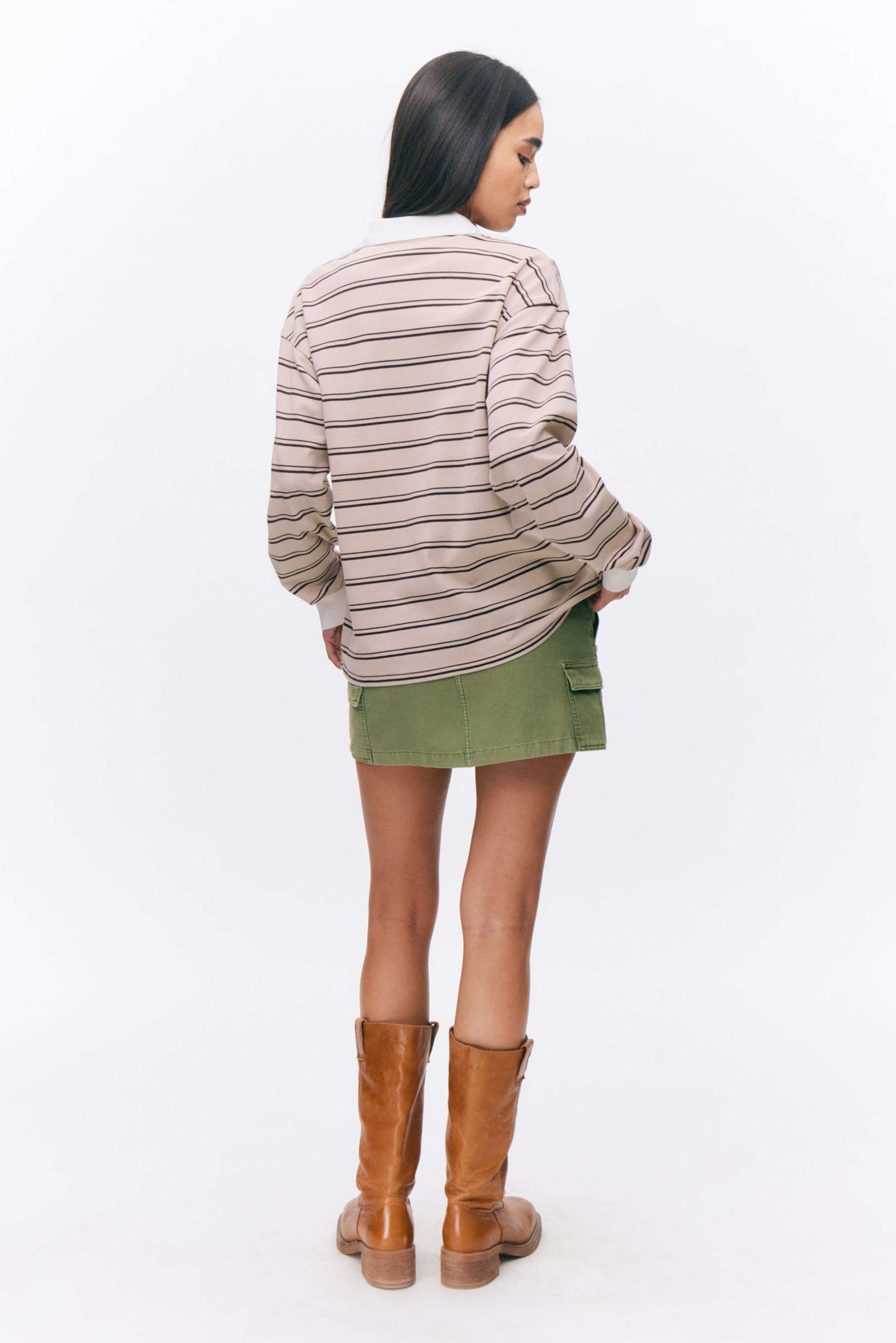 Light Pink - Brown Stripes - Long Sleeve Rugby Polo Top - 2