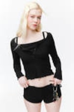 Black - Ribbed Mini Henley Top - 1